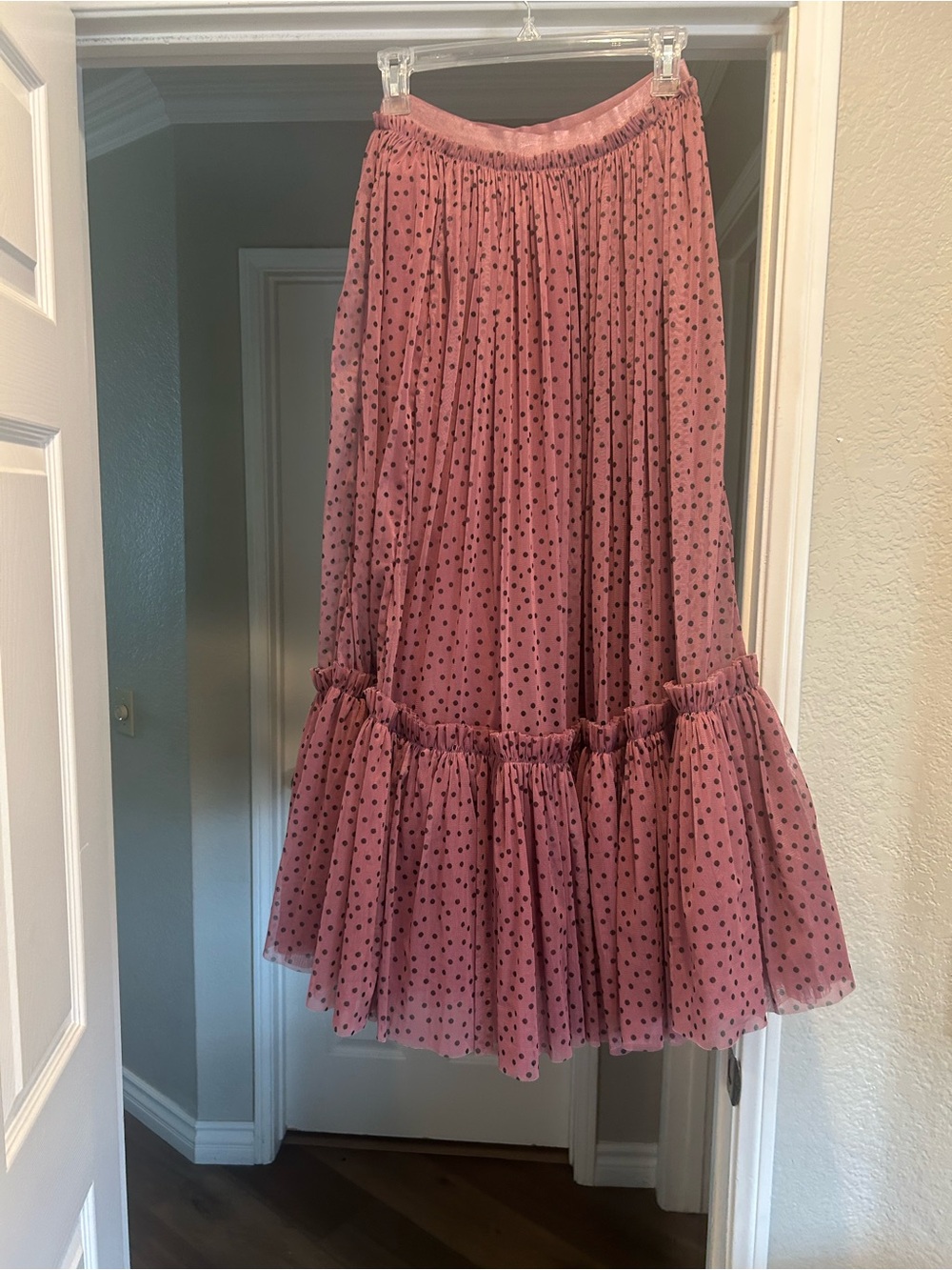 Anthropologie Pink Polka Dot Tiered Maxi Skirt